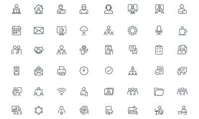 Remote work and business office icon set, editable vector illustration with freelance, teamwork, meeting, laptop, communication, schedule, coffee, staff, and workspace symbols, corporate productivity