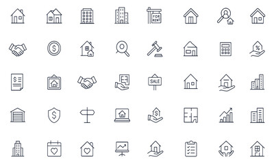 Real estate line icon set, property and home symbols, house, apartment, condo, building, mortgage, key, contract, handshake, money, investment, auction, garage, loan, business, blueprint, architecture