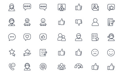 Customer feedback and rating line icons set, editable vector set for review, service, and communication. Includes client reaction, testimonial, support, opinion, satisfaction, and user response