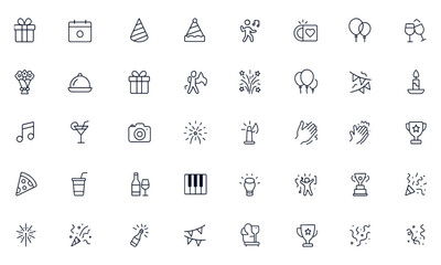 Celebration and party line icons set for birthday, wedding, engagement, award, gift, cake, dancing, fireworks, balloons, music, festive joy, and more, editable vector illustration for events