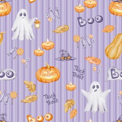 Seamless Halloween pattern with watercolor ghosts, pumpkins, witch hats, candies, candles, autumn leaves on purple background. Perfect for fabric, textile, wrapping paper, wallpaper, party, decoration