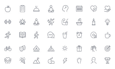 Lifestyle, health, and wellness vector icons set with editable stroke for diet, nutrition, exercise, entertainment, self-care, daily habits, fitness, productivity, motivation, and personal growth