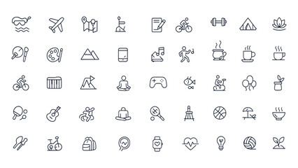 Hobby and lifestyle icon collection with travel, fitness, music, outdoor activities, sports, reading, camping, cooking, wellness, photography, aromatherapy, dancing, basketball, and relaxation