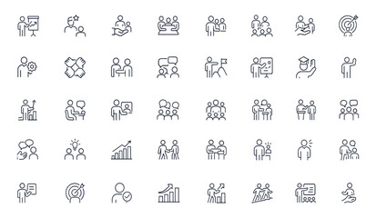 Coaching line icon set with editable stroke, featuring business, teamwork, leadership, communication, counselor, client support, advisor, training, management, success, and growth concepts