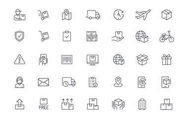 Delivery and shipping icon pack with courier, transport, logistics, warehouse, truck, airplane, shopping cart, barcode, smartphone, order, map, baggage, express cargo, parcel, postal service