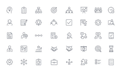 Project management vector icons set with editable stroke for workflow, planning, teamwork, collaboration, productivity, timeline, business strategy, organization, leadership, success, and coordination