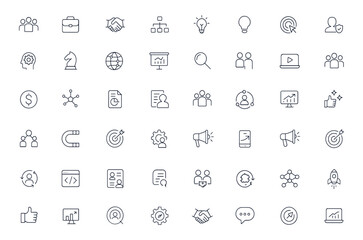 Digital marketing icon set for business, corporate teamwork, communication, strategy, analysis, meeting, success, network, advertisement, growth, rocket, chart, cooperation, and more