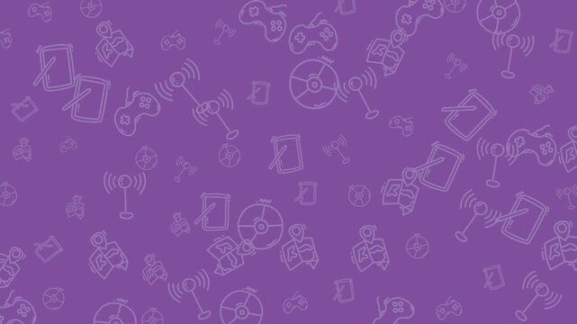 Pattern purple backdrop featuring technology travel and gaming icons creates an interesting visual pattern.