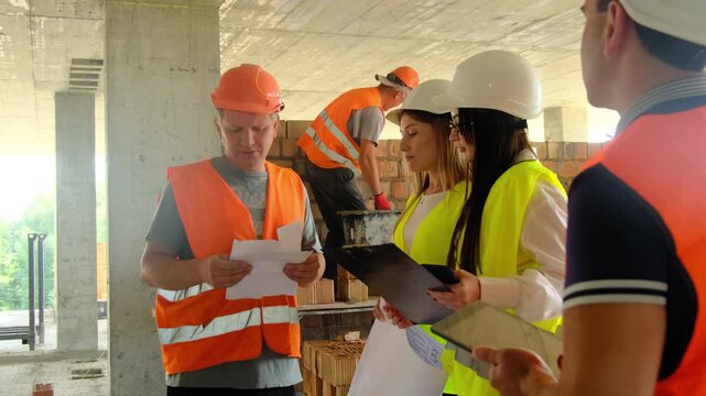 Builders and engineers make decisions regarding project stages. Specialists discuss and identify gaps in processes for further correction