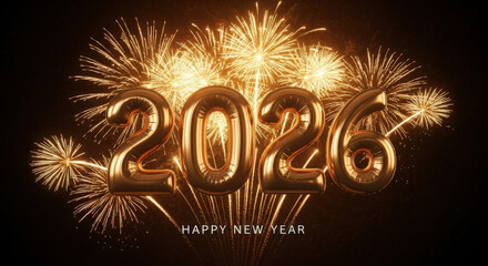 Happy New Year 2026 Celebration Balloon Gold Fireworks Night Greeting