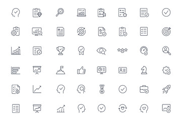 Quality audit and assessment line icons set, editable vector illustration of analysis, planning, evaluation, performance, business strategy, results, progress, goals, report, success, management