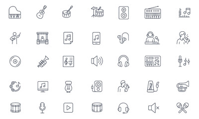 Music instruments icon set, featuring piano, guitar, drum, microphone, DJ mixer, equalizer, radio, karaoke, orchestra, concert, sound, playlist, trumpet, synthesizer, vector illustration for studio