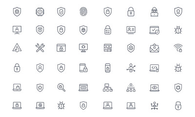 Cybersecurity icons set with data encryption, hacker protection, biometric fingerprint, virus shield, digital certificate, network firewall, online privacy, secure connection, and mobile access,