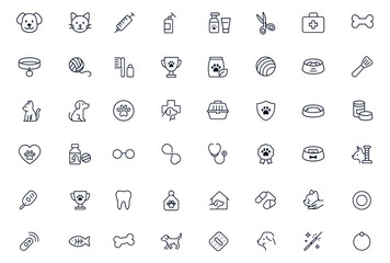 Pets icon set featuring dogs, cats, and veterinary essentials including vaccines, grooming tools, food bowls, first aid kits, leashes, collars, kennels, toys, and animal care accessories, vector