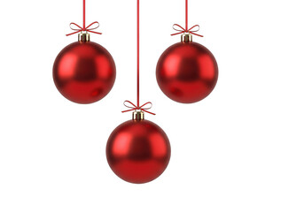 Three red christmas ornaments hanging on strings isolated on transparent background, perfect for adding a touch of holiday cheer to your designs