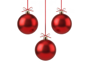 Three red christmas ornaments hanging on strings isolated on transparent background, perfect for adding a touch of holiday cheer to your designs