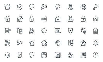 Home security and property protection editable line icons set, featuring surveillance, police patrol, house safety, crime prevention, secure key, padlock, privacy sensor, alarm alert, robbery vector
