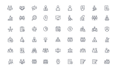 Business and management icon set: teamwork, leadership, recruitment, marketing, communication, finance, planning, cooperation, organization, strategy, productivity, success, vector illustration