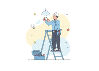A male electrician worker in a hard hat and blue uniform is safely standing on a step ladder, focused on changing a light bulb. Electricians perform their duties with determination.