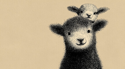 Japanese-style ink illustration of cute baby sheep or lambs