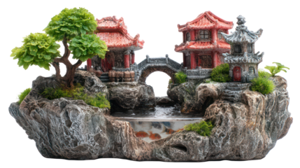 Miniature asian pagoda waterfall landscape decoration isolated on transparent background