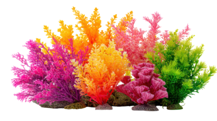 Colorful artificial aquarium plants isolated on transparent background