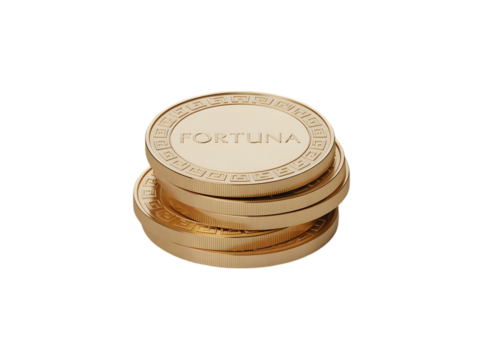Stack of polished golden coins engraved with FORTUNA text and a decorative Greek key border isolated on transparent background