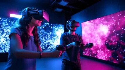 A high-tech gaming setup with players using the latest VR headsets, controllers, and immersive digital environments, capturing the excitement and advancements in virtual reality technology - Powered by Adobe
