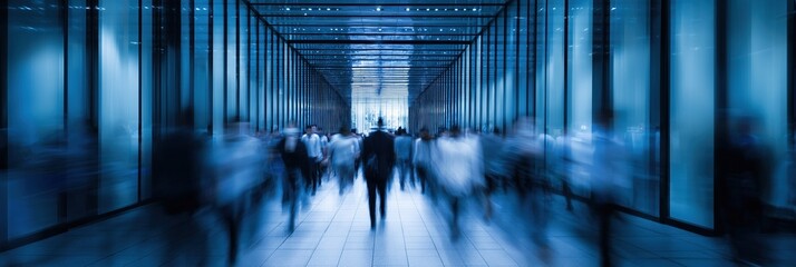 Blurry crowd moving through glowing passageway with neon blue highlights. Overhead glass panels create structural symmetry