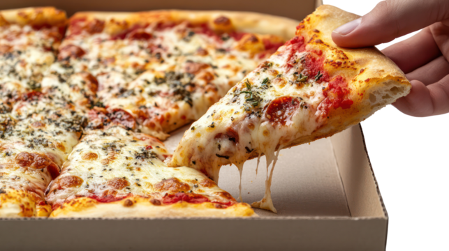 Hand taking a slice of cheesy pizza from a box isolated on transparent background