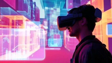 An engaging virtual reality experience with users wearing VR headsets interacting with a vibrant, digital environment, demonstrating the immersive potential of augmented reality and cutting-edge techn - Powered by Adobe