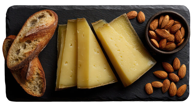 Gourmet cheese slices with baguette and almonds isolated on transparent background