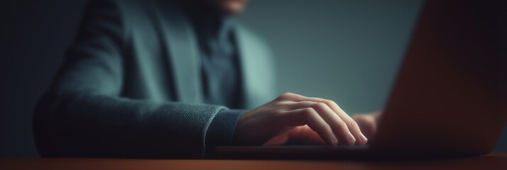 Person using laptop in dim atmosphere, hands typing on computer, technology, workspace