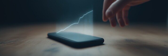 Smartphone displaying holographic financial chart with hand reaching. Financial metrics and performance visualization