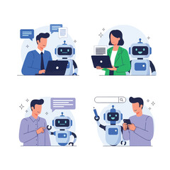 Vector illustration of vector art of set of illustrations showing people interacting with chatbots for customer service, communication, and online support