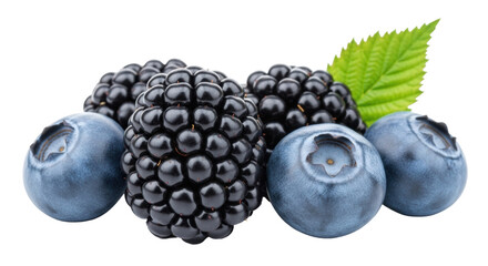 Isolated blackberries and blueberries mixed together on the table, fresh berry fruits pile