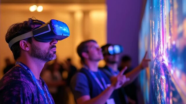 A high-tech gaming setup with players using the latest VR headsets, controllers, and immersive digital environments, capturing the excitement and advancements in virtual reality technology