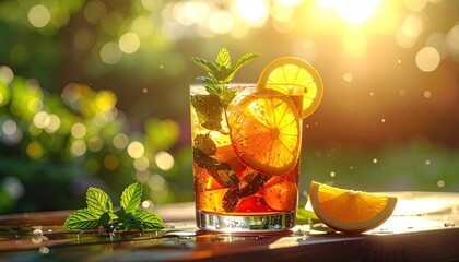 Golden Hour Drink with Orange Slices and Mint Leaves on Wooden Table