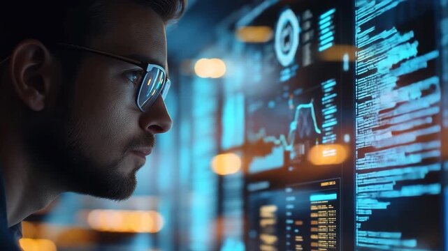 A close-up of a computer programmer working on a sophisticated software project, surrounded by multiple screens displaying code, data analytics, and development tools, emphasizing the technical aspect