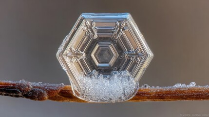 Close up snowflake photography detailed crystal structure on twig