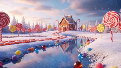 Whimsical candy land with gingerbread house and lollipops - Powered by Adobe