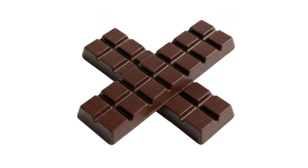 Two dark chocolate bars crossed in an x shape, isolated on transparent background