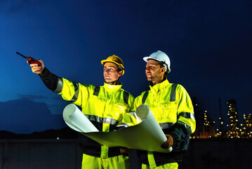 Construction workers in safety gear discuss plans at night, illuminated by industrial lights in background. Their focused expressions convey determination and teamwork