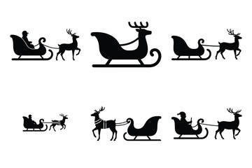 reindeer sleigh silhouette christmas vector icon set