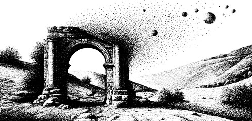 Fototapeta premium Detailed dotwork stippling illustration of historical archway in open landscape