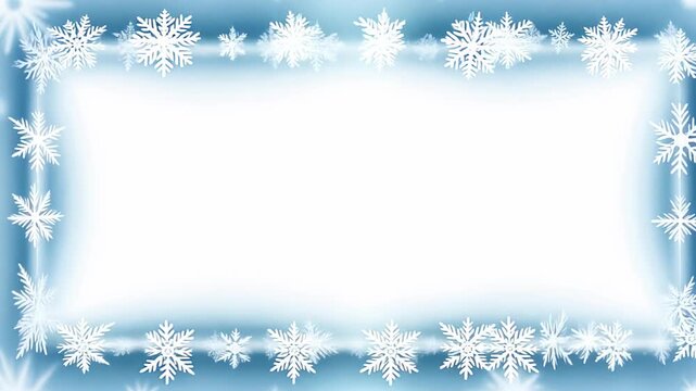 Snowflake border frames transition from soft focus to clear definition, showcasing intricate designs against a cool blue backdrop, creating a winter-themed visual narrative