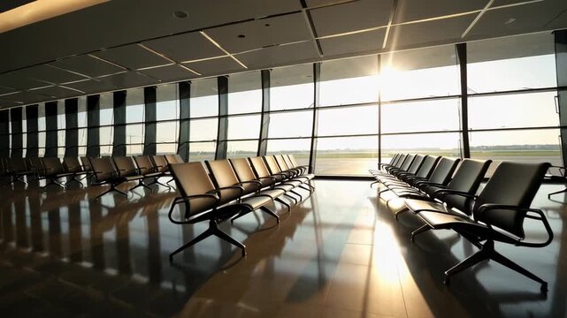 Sunlight streams through large windows into an empty airport waiting area, illuminating rows of unoccupied seats and reflecting on the polished floor