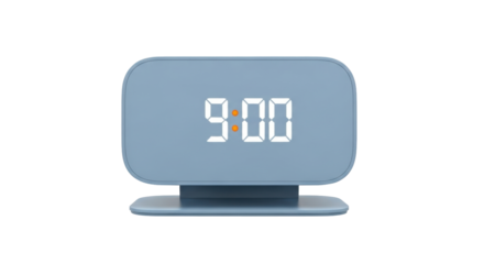 Isolated pale blue digital alarm clock displaying the time as 900 in the morning time