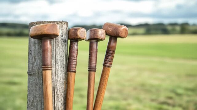 Wooden mallets arrayed against landscape