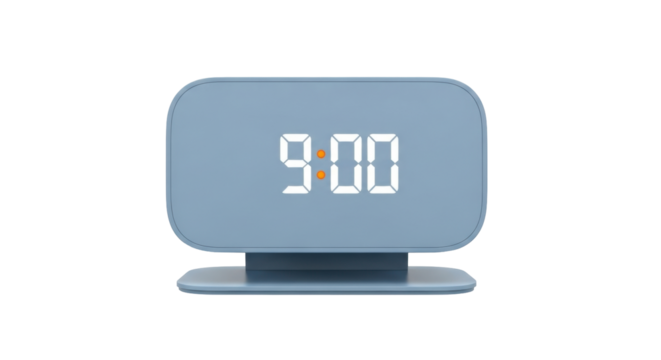 Isolated pale blue digital alarm clock displaying the time as 900 in the morning time